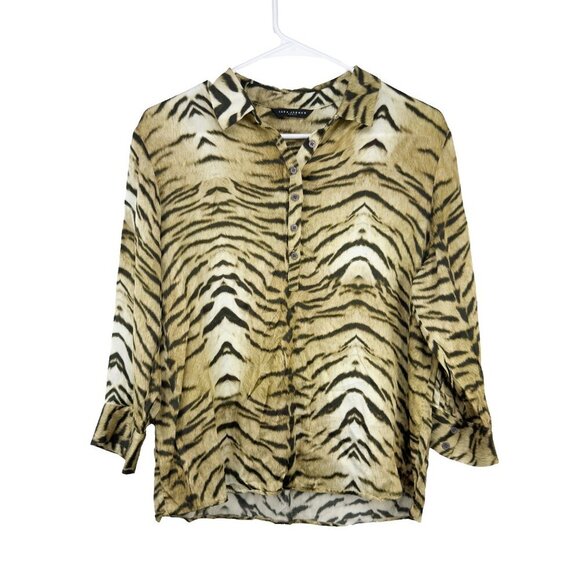 TARA JARMON Designer Beige Takki Zebra Tiger Print Button-Up Maximalist Top sz M - Picture 6 of 10